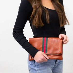 FUNKY MONKEY FAUX LEATHER FOLD-OVER CLUTCH w/Center Canvas Ribbon Stripe